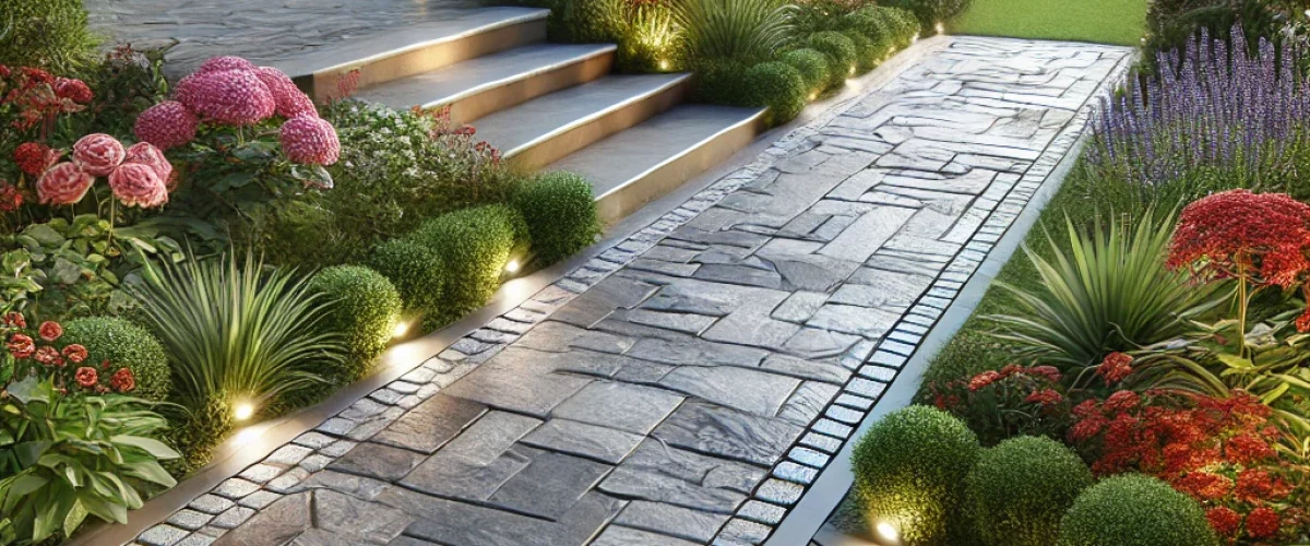 DALL·E 2024-08-01 10.24.59 - A photorealistic image of a custom stone walkway in a beautifully landscaped garden. The walkway features a mix of flagstones and cobblestones, surrou